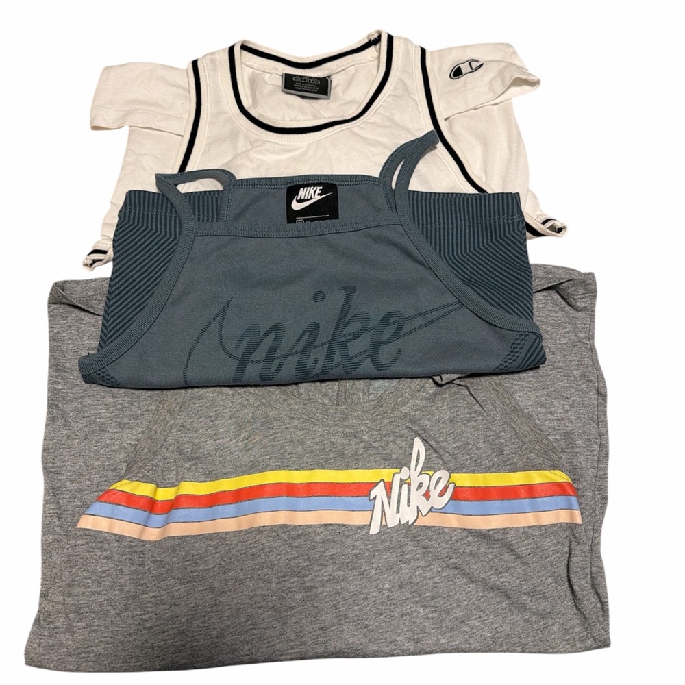 Champion White S, Nike Blue/Gray crop XS, and Nike Gray Tank Trio